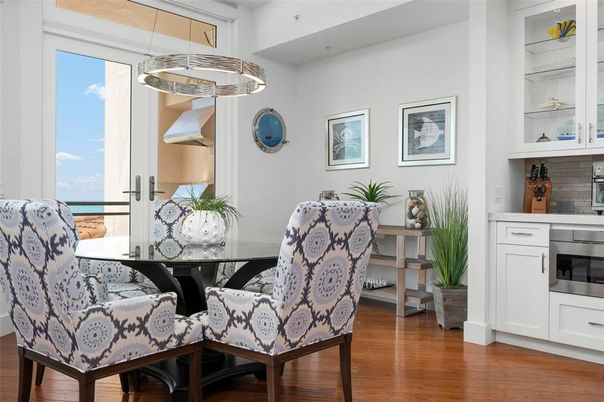 Dining room, Interior, Pendant Lights, Wood Texture Flooring
