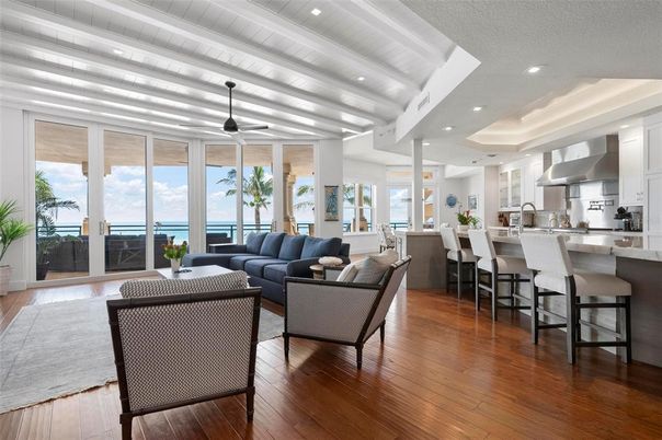 Interior, Kitchen, Living room, Recessed Lighting, Stainless Steel Appliances, Water, Wood Texture Flooring