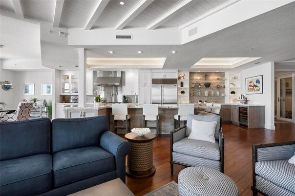 Interior, Kitchen, Living room, Recessed Lighting, Stainless Steel Appliances, Wood Texture Flooring