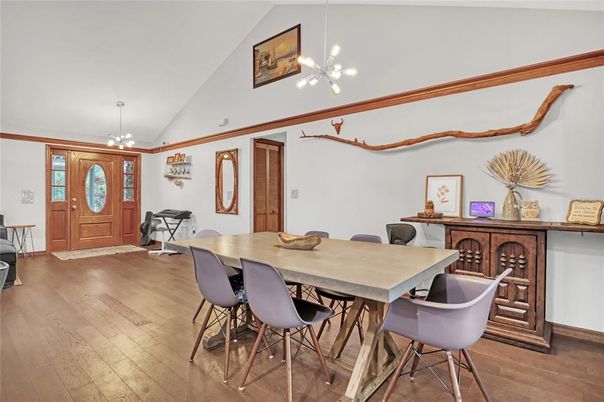 Dining room, Interior, Pendant Lights, Wood Texture Flooring