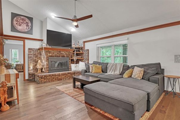 Fireplace, Interior, Living room, Stone Walls, Wood Texture Flooring