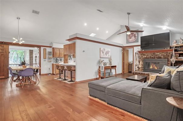 Dining room, Fireplace, Interior, Kitchen, Living room, Pendant Lights, Recessed Lighting, Wood Texture Flooring