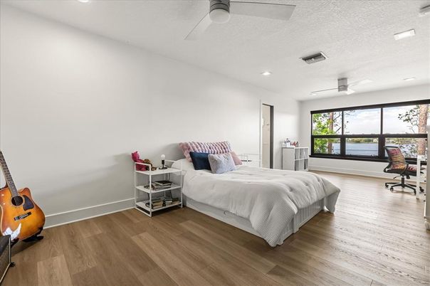 Bedroom, Home Office, Interior, Recessed Lighting, Wood Texture Flooring