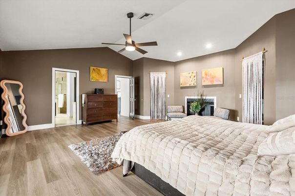 Bedroom, Interior, Recessed Lighting, Wood Texture Flooring
