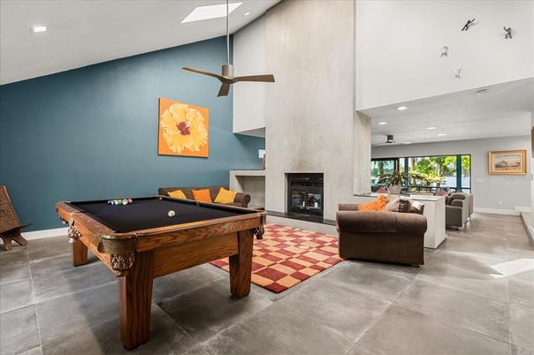 Billiard Table, Fireplace, Game Room, Interior, Living room, Recessed Lighting
