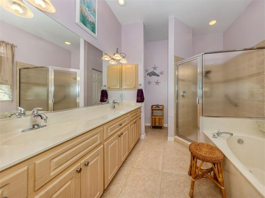 Bathroom, Dual Sink Vanities, Glass Shower, Interior, Recessed Lighting
