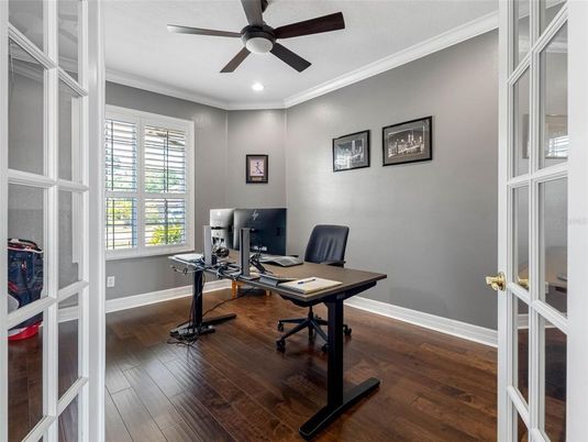 Home Office, Interior, Recessed Lighting, Wood Texture Flooring