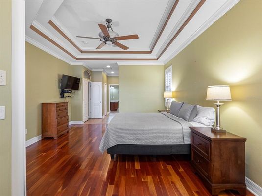 Bedroom, Interior, Recessed Lighting, Wood Texture Flooring