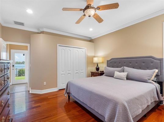 Bedroom, Interior, Recessed Lighting, Wood Texture Flooring