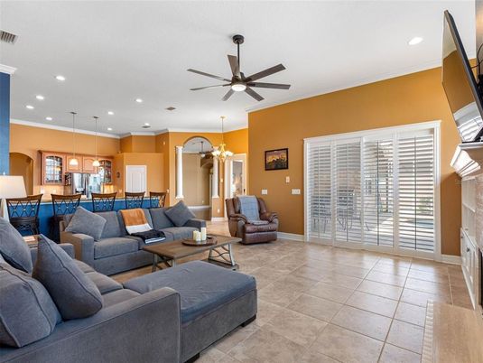 Dining room, Fireplace, Interior, Kitchen, Living room, Pendant Lights, Recessed Lighting