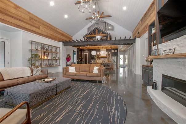 Fireplace, Interior, Kitchen, Living room, Pendant Lights, Recessed Lighting