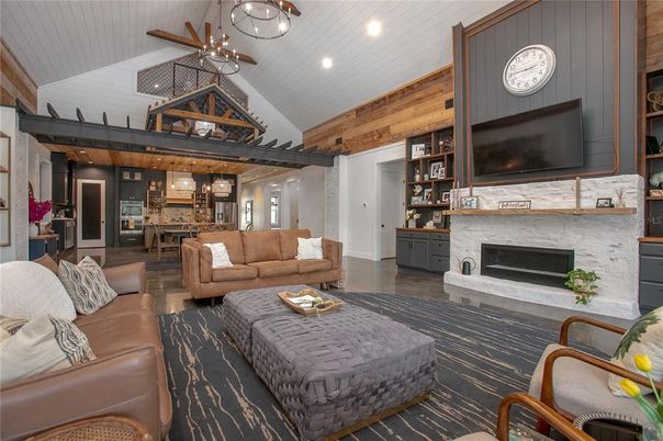 Dining room, Fireplace, Interior, Kitchen, Living room, Pendant Lights, Recessed Lighting, Wooden Walls
