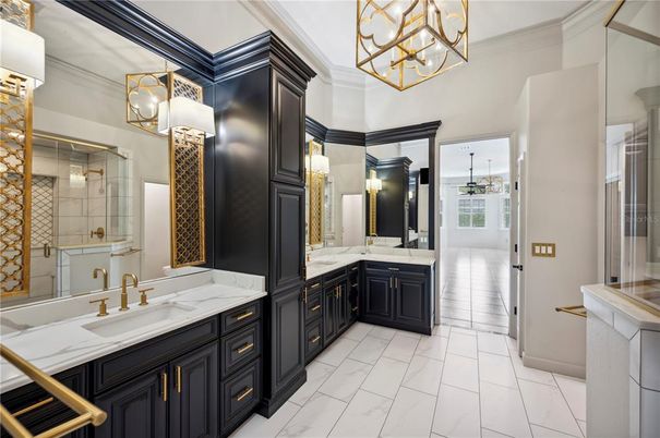 Bathroom, Chandelier, Dual Sink Vanities, Glass Shower, Interior, Marble