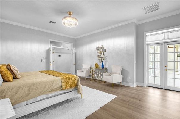 Bedroom, Chandelier, Interior, Wood Texture Flooring