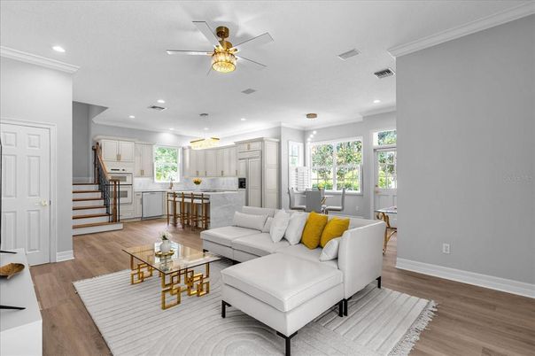 Interior, Kitchen, Living room, Pendant Lights, Recessed Lighting, Wood Texture Flooring