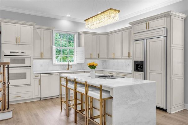 Chandelier, Interior, Kitchen, Recessed Lighting, Stainless Steel Appliances, Wood Texture Flooring