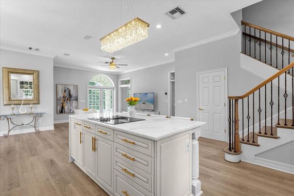 Chandelier, Interior, Kitchen, Recessed Lighting, Wood Texture Flooring