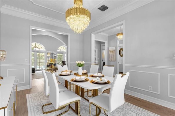 Chandelier, Dining room, Interior, Wood Texture Flooring