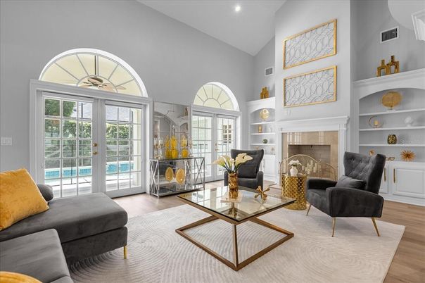 Fireplace, Interior, Living room, Recessed Lighting, Wood Texture Flooring