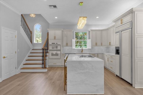 Interior, Kitchen, Pendant Lights, Recessed Lighting, Stainless Steel Appliances, Wood Texture Flooring