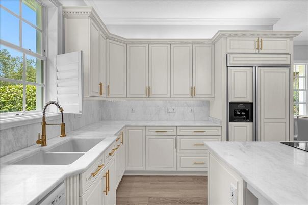 Interior, Kitchen, Marble Walls, Wood Texture Flooring