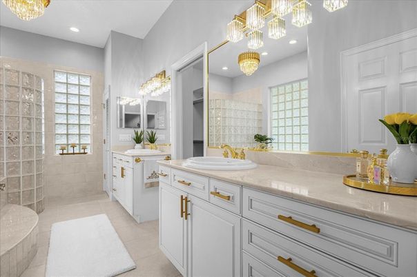Bathroom, Chandelier, Dual Sink Vanities, Interior, Recessed Lighting