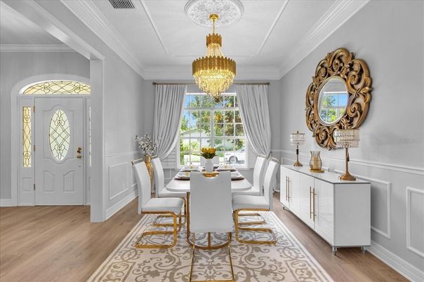 Chandelier, Dining room, Interior, Wood Texture Flooring