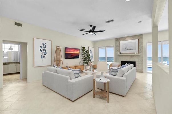 Fireplace, Interior, Living room, Recessed Lighting, Water