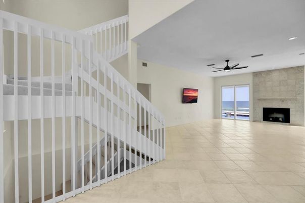 Fireplace, Interior, Recessed Lighting, Stone Walls