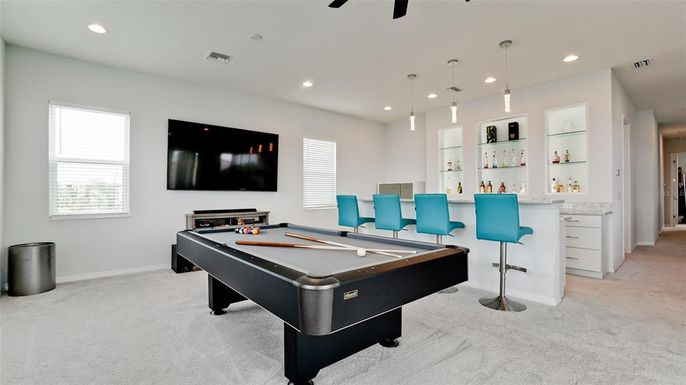 Billiard Table, Game Room, Interior, Pendant Lights, Recessed Lighting