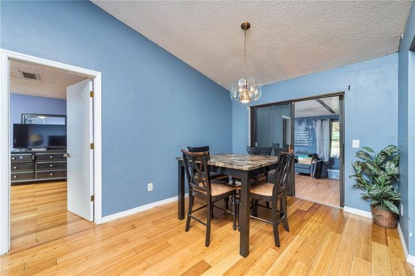 Dining room, Interior, Pendant Lights, Wood Texture Flooring