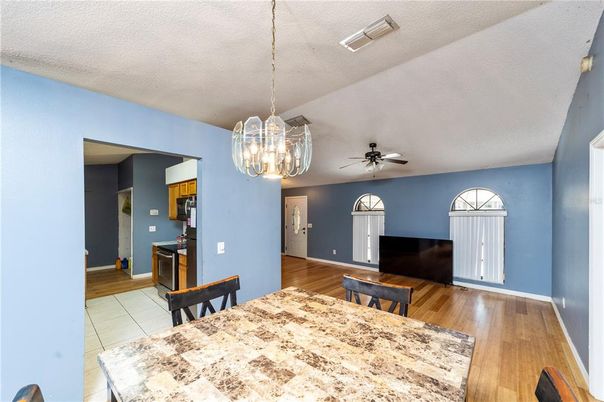 Dining room, Interior, Pendant Lights, Wood Texture Flooring