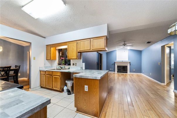 Fireplace, Interior, Kitchen, Wood Texture Flooring