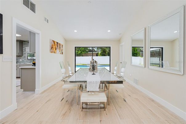 Dining room, Interior, Recessed Lighting, Wood Texture Flooring