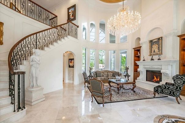 Chandelier, Fireplace, Interior, Living room
