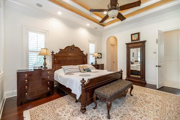 Bedroom, Interior, Recessed Lighting, Wood Texture Flooring