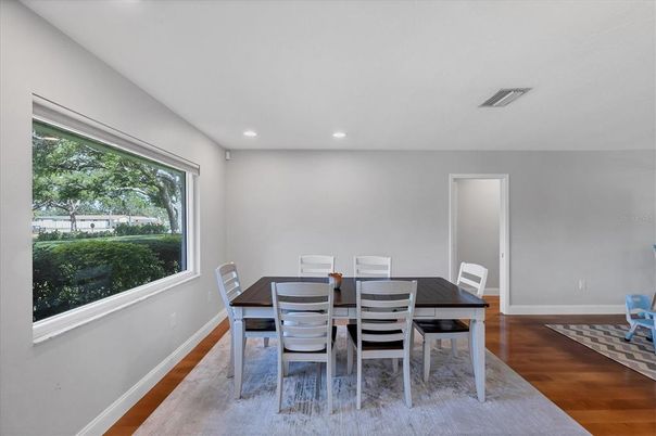 Dining room, Interior, Recessed Lighting, Wood Texture Flooring