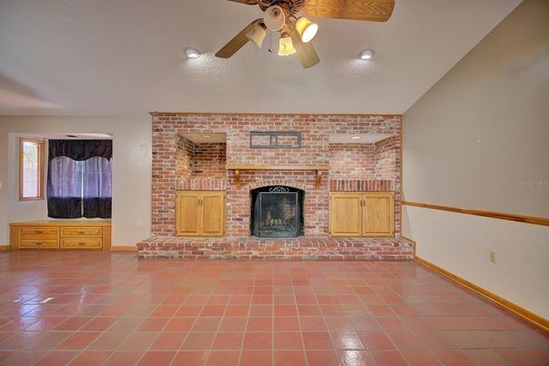 Empty room, Fireplace, Interior, Recessed Lighting, Stone Walls