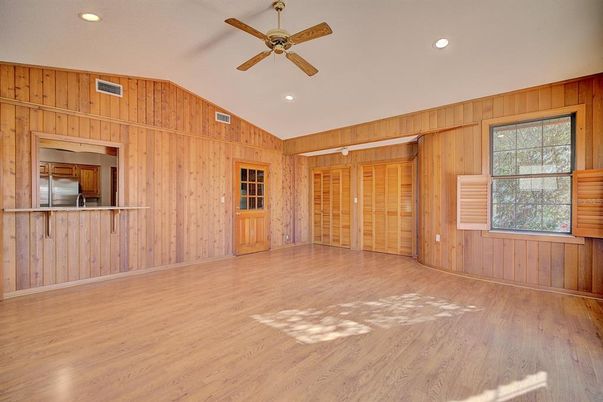 Empty room, Interior, Recessed Lighting, Wood Texture Flooring, Wooden Walls