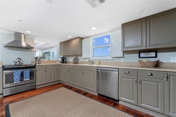 Interior, Kitchen, Recessed Lighting, Stainless Steel Appliances, Wood Texture Flooring