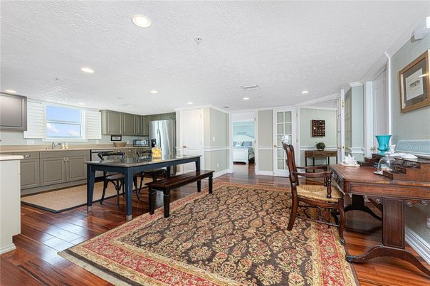 Dining room, Interior, Kitchen, Recessed Lighting, Stainless Steel Appliances, Wood Texture Flooring