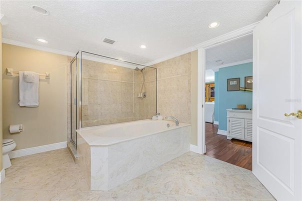 Bathroom, Glass Shower, Interior, Recessed Lighting, Wood Texture Flooring