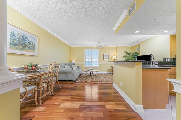 Dining room, Interior, Living room, Recessed Lighting, Wood Texture Flooring