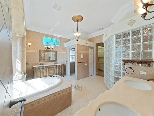 Bathroom, Dual Sink Vanities, Interior, Pendant Lights, Wooden Walls