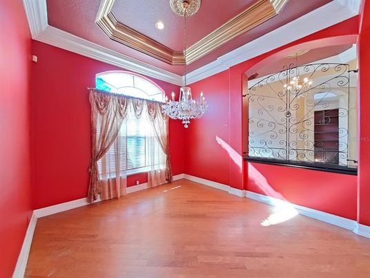 Chandelier, Empty room, Interior, Recessed Lighting, Wood Texture Flooring