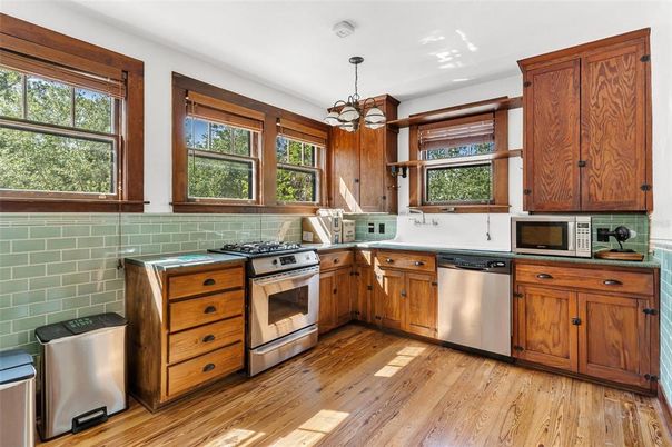Interior, Kitchen, Pendant Lights, Stainless Steel Appliances, Wood Texture Flooring