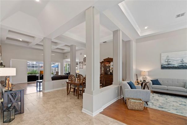 Dining room, Interior, Living room, Recessed Lighting, Wood Texture Flooring