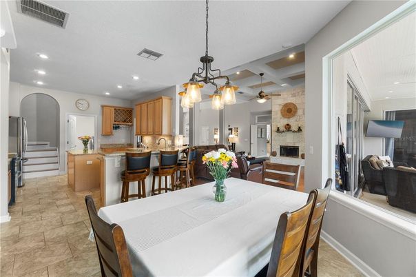 Dining room, Fireplace, Interior, Kitchen, Living room, Pendant Lights, Recessed Lighting, Stainless Steel Appliances