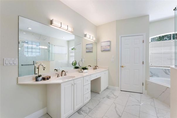 Bathroom, Dual Sink Vanities, Glass Shower, Interior, Marble, Recessed Lighting