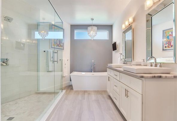 Bathroom, Dual Sink Vanities, Free Standing Baths, Glass Shower, Interior, Pendant Lights, Wood Texture Flooring